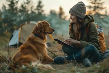 Woman and Dog at Campsite With Tablet During Autumn