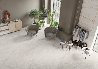 Interior of a front desk of fashionable clothing boutique full of an assortment packed boxes of bags and accessories on display, marble wall and floor, flower green vase, hanging lamp. 3D Rendering