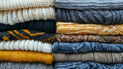 Stack of different stylish sweaters as background
