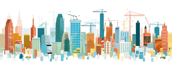 Colorful Urban Skyline with Construction Cranes - Illustration - Transparent Background