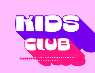 Vector cute logo Kids Club with funny 3D Font. Playful Alphabet Letters and Numbers with Shadow.