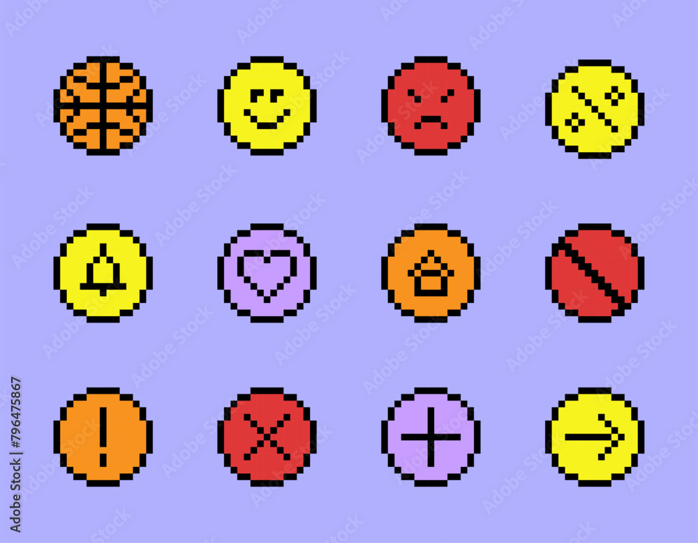 Poster retro y2k trendy stickers pack in pixel art. isolated icons circle. digital vintage game style. 8 bi