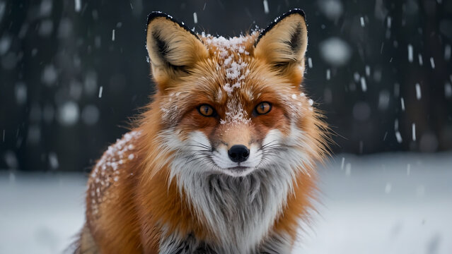 A picture of a red fox in the middle of the snow with snow on her head