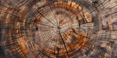 Detailed warm dark brown and orange , Old wooden oak tree cut surface Old wood texture with annual rings. Abstract background. 3d rendering.