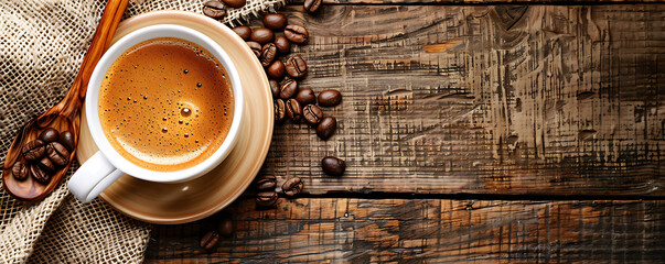 Cup of coffee with beans on the table on wooden rustic background.