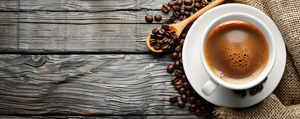 Cup of coffee with beans on the table on wooden rustic background.