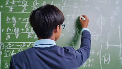 A close-up of male student with a glasses writing math equations on a green chalkboard in the classroom.