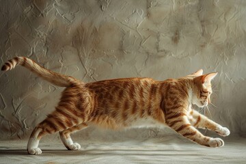 A cat in mid-stretch, muscles defined, against a soft, editorial background, highlighting the grace and fluidity of feline movement with magazine photography aesthetics - obrazy, fototapety, plakaty