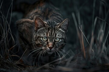 Naklejka na ściany i meble A cat poised in a hunting stance, eyes locked on its unseen prey, photographed in a dramatic editorial style that tells a story of instinct and survival in the wild
