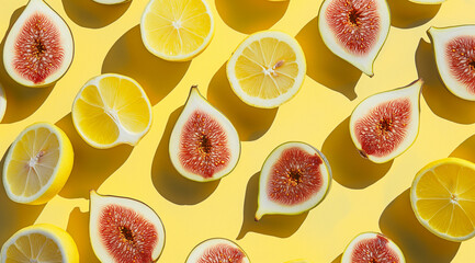Random Funky Fig and Lemon Pattern with Yellow Background: Flat Lay Composition