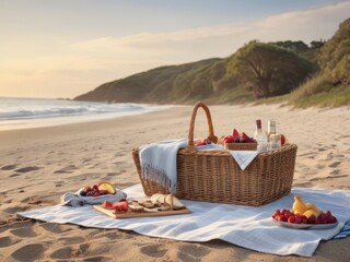 Delightful Beach Picnic with Scenic Sea View and Rolling Hills in the Background