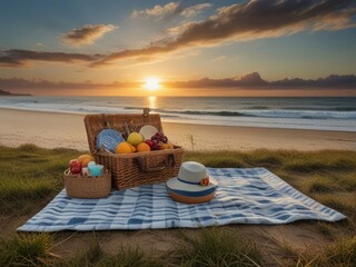 Delightful Beach Picnic with Scenic Sea View and Rolling Hills in the Background