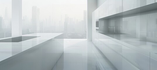 Sleek white kitchen  monochromatic design with quartz countertops and urban view