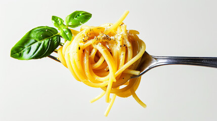 Appetizing spaghetti rolled on fork with basil. Delicious pasta restaurant concept. Light background. Generative AI