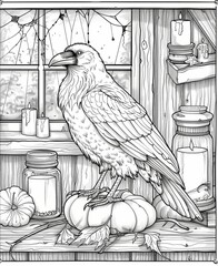 Fototapeta premium Vintage-Styled Raven Illustration in Rustic Cabin Decor
