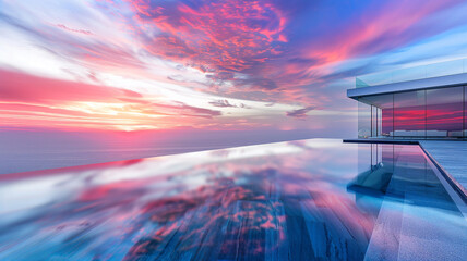 A breathtaking aerial view of a modern infinity pool extending to the horizon, its glassy surface reflecting the vibrant colors of the sky, captured with stunning clarity in ultra-HD resolution