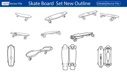 Vector illustration of skateboard line art.  Vector flat cartoon line set of skateboard different sides isolated on white background.  Set of black and white skateboards. For labels, logos, icons. 