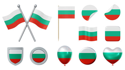 Set of objects with flag of Bulgaria isolated on transparent background. 3D rendering