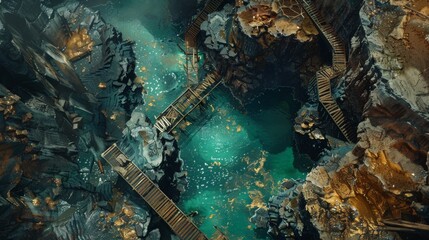 gold mine, industrial terraces on a gold mine with an open pit, extractive sector. equipment, aerial view, 16:9