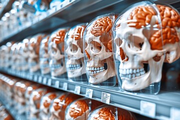 Row of Shelves Filled With Different Types of Human Skulls