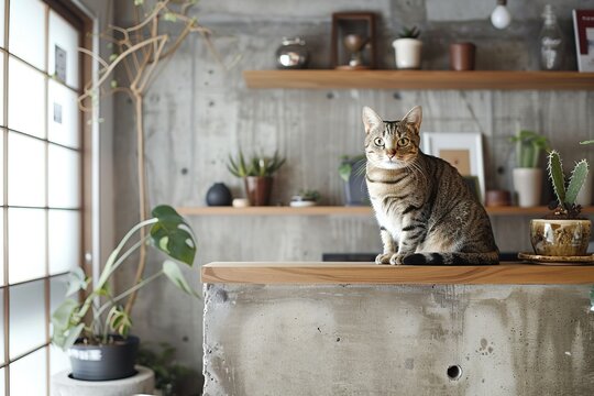 Cats in modern interiors, photos that highlight felines complementing contemporary living space designs, in documentary, editorial, and magazine photography style