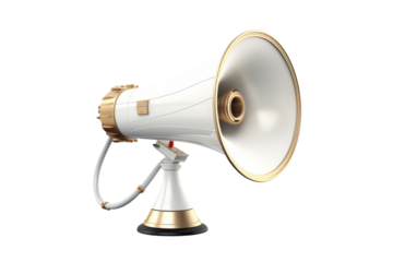 The Radiant Echo: A White and Gold Megaphone. On a White or Clear Surface PNG Transparent Background.