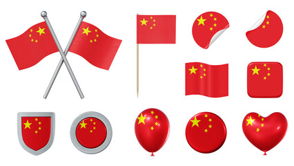 Set of objects with flag of China isolated on transparent background. 3D rendering