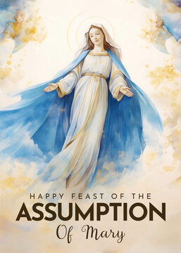 Assumption of Mary Illustration with Feast of the Blessed Virgin and Doves in Heaven 