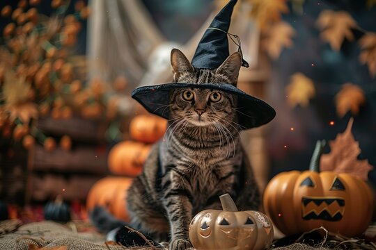 Documentary Photography, Editorial Photography, Magazine Photography Style of Halloween Cats: Cats dressed in Halloween-themed costumes, like witches, pumpkins, or ghosts, in festive environments