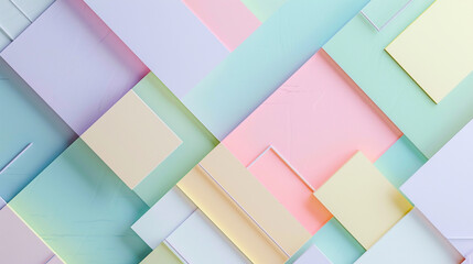 Soft pastel squares and triangles blend with bold lines for a serene yet compelling visual.