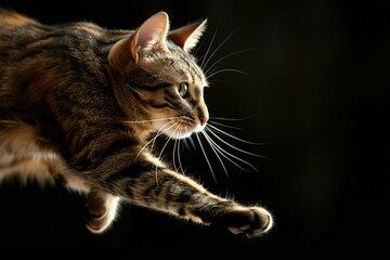 Dynamic action shot of a cat mid-jump, capturing the essence of motion and agility, in a documentary, editorial, and magazine photography style