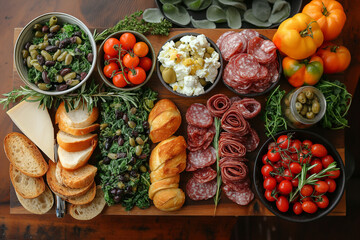 catering food table, with variety of food, meat, fruits or vegetables