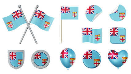 Set of objects with flag of Fiji isolated on transparent background. 3D rendering