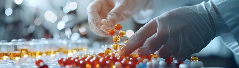 Close-up of scientists hands conducting drug synthesis experiment, molecular model and copy space