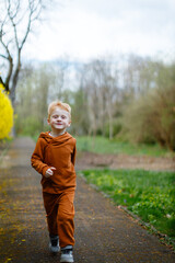 Happy smiling boy with red hair and freckles in the field, portrait of about 5 years old, summer time