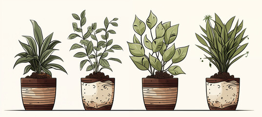 Plants in a pot, minimalist hand drawn style, clean white background
