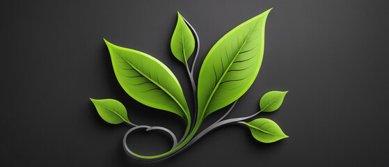 Abstract logotype 3d neon green leaf branch on grey background