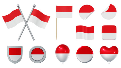 Set of objects with flag of Indonesia isolated on transparent background. 3D rendering