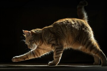 Magazine photography style focusing on a cat stretching gracefully, incorporating soft, diffused lighting to highlight the fluidity and elegance of the movement
