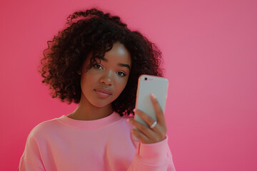Beautiful African American woman with phone on pink studio background