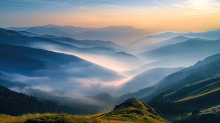 Obraz premium A sleepy village nestled in a valley, with smoke rising from chimneys and the first light of morning casting a warm glow on the rooftops and cobblestone streets. 