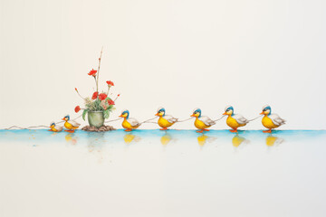 Ducks followed by a line of ducklings - obrazy, fototapety, plakaty
