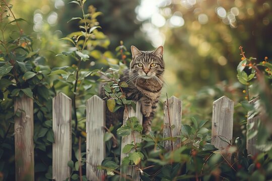 Outdoor Cats: Captivating documentary-style photography of cats exploring lush gardens, balancing on wooden fences, and roaming the great outdoors