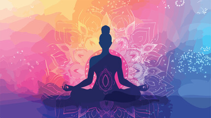 Fototapeta na wymiar Meditation vector illustration with mandala on colorf