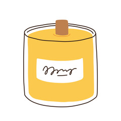 Various Candles. Different shapes and sizes. Pillar, jar candle, square, container candle, heart shaped. Decorative wax candles for relax and spa. Matches, candle snuffer. Hand drawn Vector set