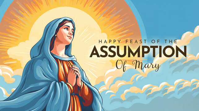Assumption of Mary Illustration with Feast of the Blessed Virgin and Doves in Heaven 