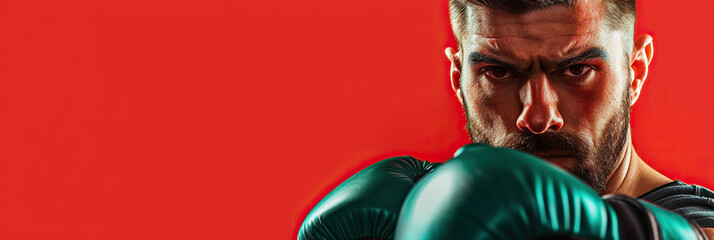 Close-up of intense male boxer with green gloves poised to strike against a striking red background, exuding focus and determination. Banner with copy space.