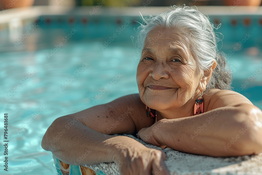 Wall mural Happy senior woman in swimming pool, leaning on edge.