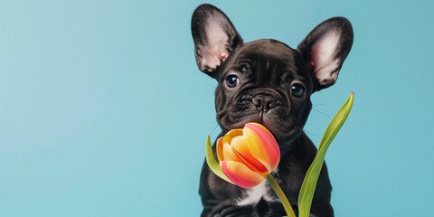 Cute little puppy dog with tulip flower in mouth on light blue background for Valentine's day or Mother's day or birthday card. - obrazy, fototapety, plakaty