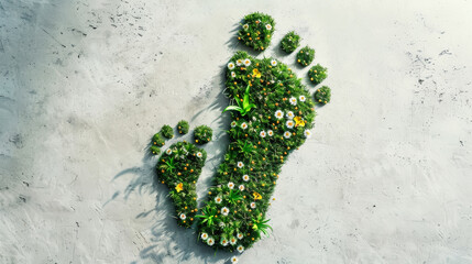 Top view of human footprint made of grass and flowers texture, light background. Ecology concept. Generative AI